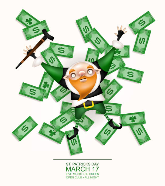Happy St. Patrick's Day! Postcard, flyer, invitation. Character with a red beard in a patrick costume posing on a light background. Cartoon funny gnome with a cane lying on the banknotes. Vector illustration.  bills saints stock illustrations