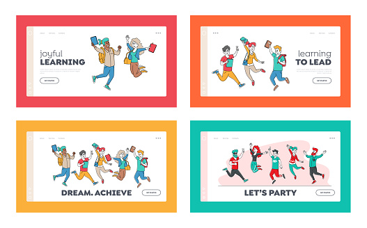 Happy Students Characters Jumping Landing Page Template Set. Schoolboys or Schoolgirls Laughing, Waving Hands, School