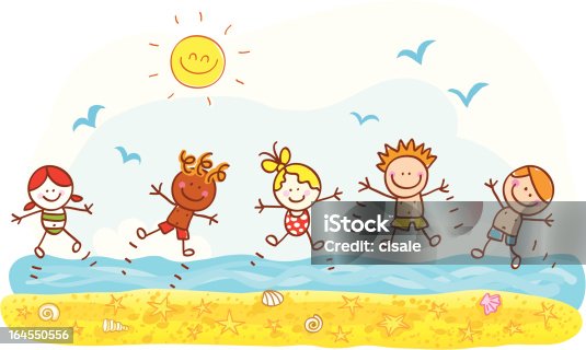 istock happy summer holiday kids jumping at beach ocean cartoon illustration 164550556