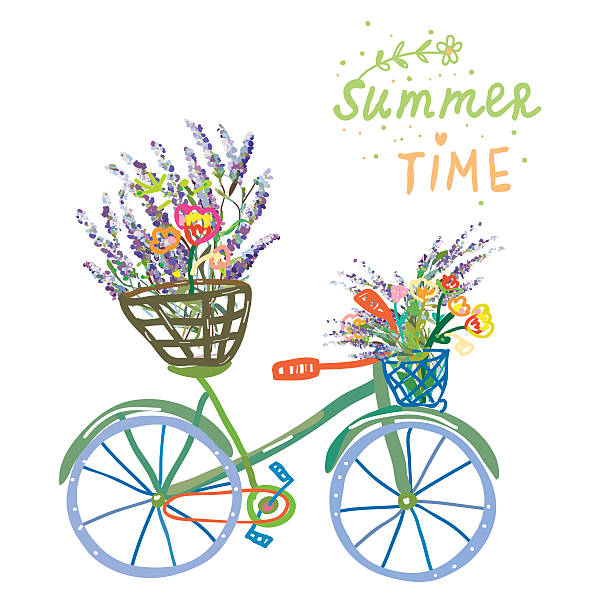 Happy summer time card with bicycle and flowers vector art illustration