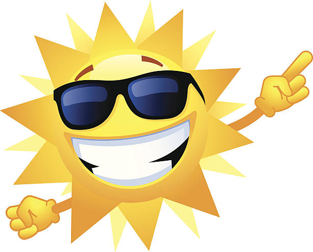 Happy Sun Smiling sun making a number 1 sign. Professional clip art for your print project or Web site. cartoon sun with sunglasses stock illustrations