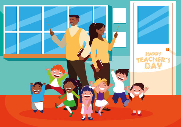 happy teacher day with teachers and students in school happy teacher day with teachers and students in school vector illustration design thank you kids stock illustrations