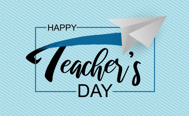 Happy Teacher's day greeting card. Paper plane and hand drawn font Teacher on striped background. Design for graduate poster, banners or flyer. Vector school illustration Happy Teacher's day greeting card. Paper plane and hand drawn font Teacher on striped background. Design for graduate poster, banners or flyer. Vector school illustration teacher borders stock illustrations