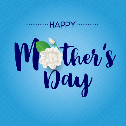 Happy Thai mother's day banner with jasmine flower on blue background. Vector
