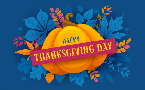Happy Thanksgiving Day Celebration Typography Greeting Design With Autumn Leaves And Pumpkin Happy Thanksgiving festive typography template with place for text, autumn leaves and pumpkin on classic blue background. Celebration design for greeting cards, invitation, etc. Vector illustration. thanksgiving food stock illustrations