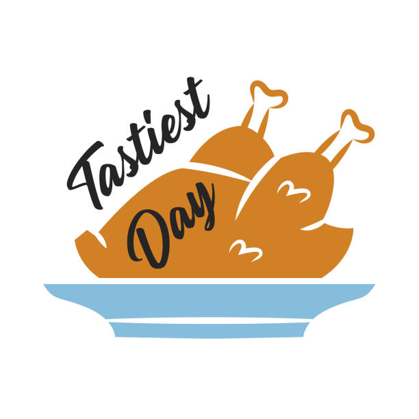 Happy Thanksgiving Day. Fried turkey on plate. Autumn holiday. Sticker, label isolated on white background.  thanksgiving diner stock illustrations