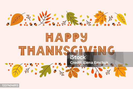 istock Happy thanksgiving day horizontal banner background with seasonal leaves and lettering on pastel background 1337404893
