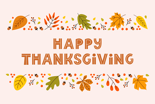 Happy thanksgiving day horizontal banner background with seasonal leaves and lettering on pastel background. Modern vector illustration