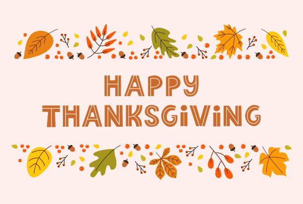 Happy thanksgiving day horizontal banner background with seasonal leaves and lettering on pastel background Happy thanksgiving day horizontal banner background with seasonal leaves and lettering on pastel background. Modern vector illustration autumn icons stock illustrations
