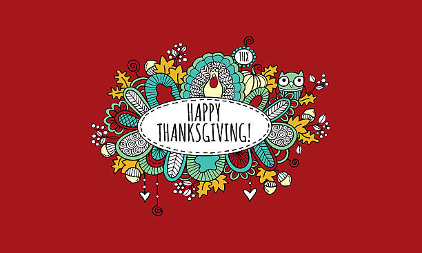 Happy Thanksgiving Hand Drawn Doodle Vector Burgundy Background vector art illustration