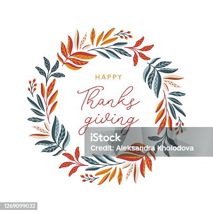 istock Happy thanksgiving wreath with colorful leaves and berries 1269099032