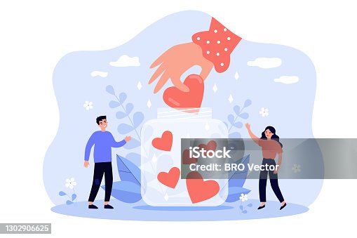 istock Happy tiny people collecting hearts in jar 1302906625