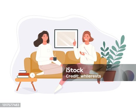 istock Happy two women sitting in the couch drinking coffee and talking at home. Smiling character spending time together. Vector illustration 1317577483