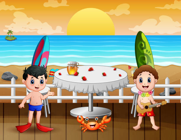 stockillustraties, clipart, cartoons en iconen met gelukkige vakantiejonge geitjes in het restaurant dichtbij het strand - sunset dining