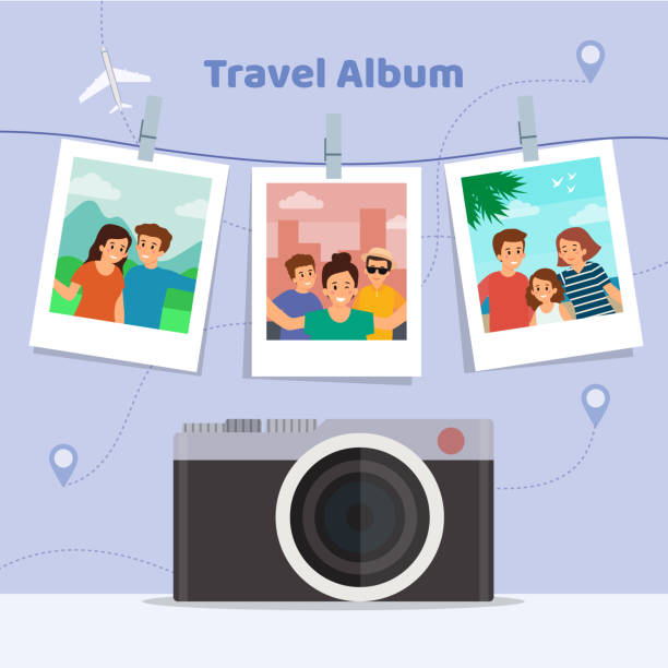 Happy Vacations Concept. Travel Album of a Happy Family From the Vacations on the Abstract Background With Retro Camera and Landmarks. Flat Style. Vector illustration Happy Vacations Concept. Travel Album of a Happy Family From the Vacations on the Abstract Background With Retro Camera and Landmarks. Flat Style. Vector illustration. family borders stock illustrations