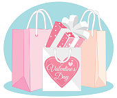 Happy valentine day card template with gift box and shopping bag