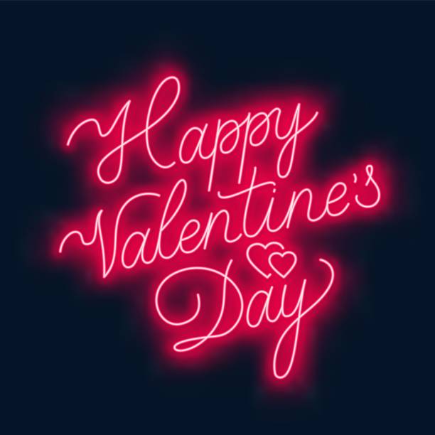ilustraciones, imágenes clip art, dibujos animados e iconos de stock de feliz san valentín s día neón letras sobre fondo oscuro. - happy valentines day