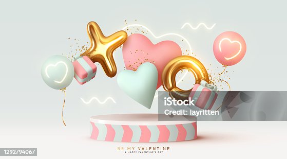 istock Happy Valentine's Day background. Realistic 3d stage podium, round studio, festive decorative objects, heart shaped balloons, XO symbol, falling gift box, glitter gold confetti. Holiday banner, poster 1292794067