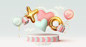 Happy Valentine's Day background. Realistic 3d stage podium, round studio, festive decorative objects, heart shaped balloons, XO symbol, falling gift box, glitter gold confetti. Holiday banner, poster