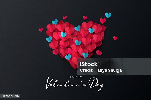 istock Happy Valentine's Day banner. Holiday background design with big heart made of pink, red and blue Origami Hearts on black fabric background 1196771295