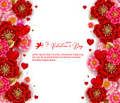 Happy Valentines day banner with beautiful colorful flowers and hearts. Can be used for template, banners, wallpaper, flyers, invitation, posters, brochure, voucher discount. Vector