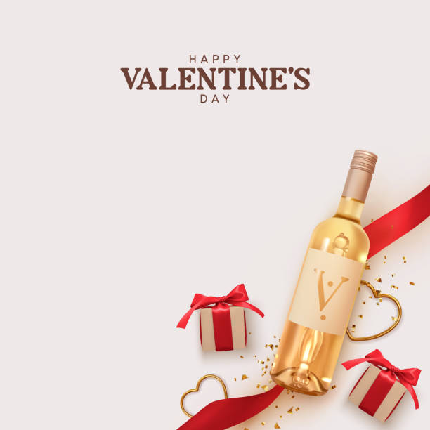 Happy Valentines Day. Design with realistic two bottles of alcohol wine white varieties, gift box with red ribbon and bow, golden 3d hearts and glitter confetti. Romantic background. Vector objects Happy Valentines Day. Design with realistic two bottles of alcohol wine white varieties, gift box with red ribbon and bow, golden 3d hearts and glitter confetti. Romantic background. Vector objects happy birthday wine bottle stock illustrations