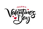 istock Happy Valentine's Day. Handwritten calligraphic lettering with red hearts. 1201265284