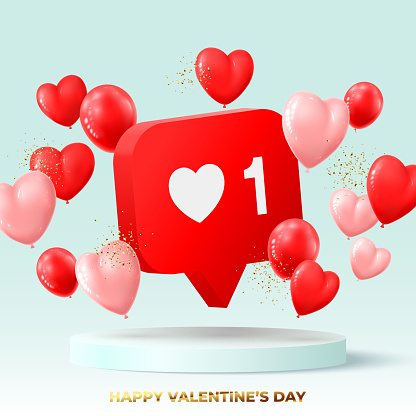 Happy Valentine's Day holiday card. Like symbol, realistic red balloons and golden confetti on blue podium. Vector illustration with 3d decorative objects for Valentine's Day.