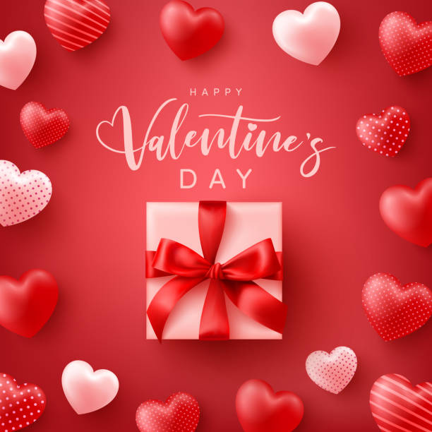 Happy Valentine's Day Poster or banner with sweet hearts and cute gift box on red background.Promotion and shopping template or background for Love and Valentine's day concept. Happy Valentine's Day Poster or banner with sweet hearts and cute gift box on red background.Promotion and shopping template or background for Love and Valentine's day concept. happy valentines day stock illustrations