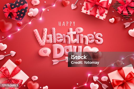 istock Happy Valentine's Day Poster or banner with sweet hearts and gift box on red background.Promotion and shopping template or background for Love and Valentine's day concept 1297626853