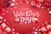 istock Happy Valentine's Day Poster or banner with sweet hearts and gift box on red background.Promotion and shopping template or background for Love and Valentine's day concept 1297626853