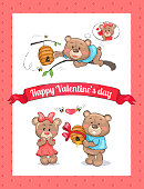 Happy Valentines day poster with male bear going to present hive full of honey to his girlfriend, bees holding heart in hands vector isolated on white