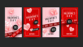 Happy Valentine's day promo story banner collection set with 3d pink hearts on pink red background. Valentine's day concept posters set.