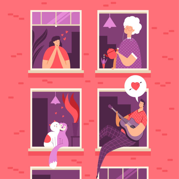 Happy Valentine's Day vector concept cartoon illustration with a loving couple of people and pets and with neighbors in the windows. Happy Valentine's Day vector cartoon illustration. cat valentine stock illustrations
