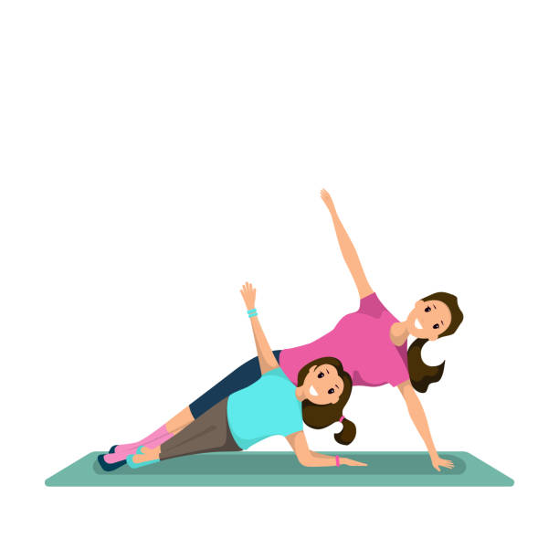 ilustrações de stock, clip art, desenhos animados e ícones de happy woman and child doing fitness training - yoga crianças