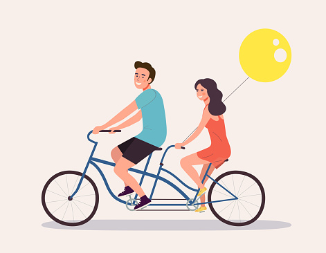 Happy woman and man rides on tandem bicycle isolated. Vector flat illustration
