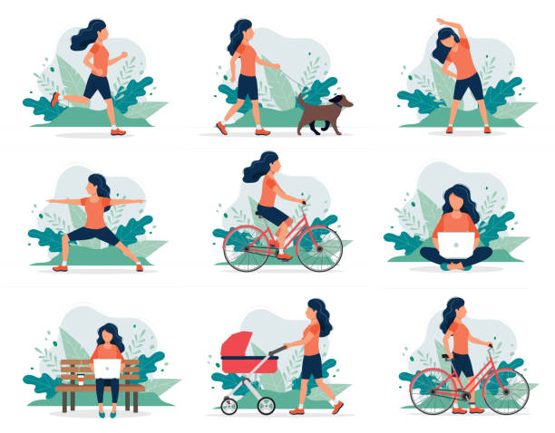 ilustrações de stock, clip art, desenhos animados e ícones de happy woman doing different outdoor activities: running, dog walking, yoga, exercising, sport, cycling, walking with baby carriage. vector illustration in flat style, healthy lifestyle concept. - woman walk