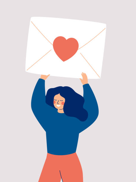 Happy woman holding a big envelope with a red heart above her head isolated on white background. Happy woman holding a big envelope with a red heart above her head isolated on white background. Flat vector illustration. correspondence stock illustrations
