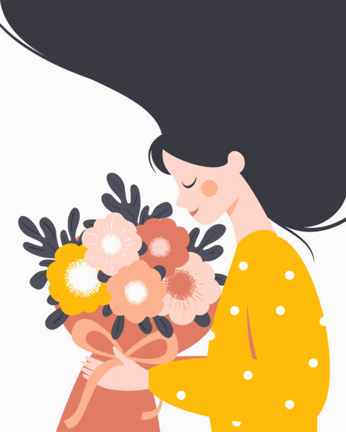 stockillustraties, clipart, cartoons en iconen met gelukkige vrouw met een boeket bloemen. - womens day poster