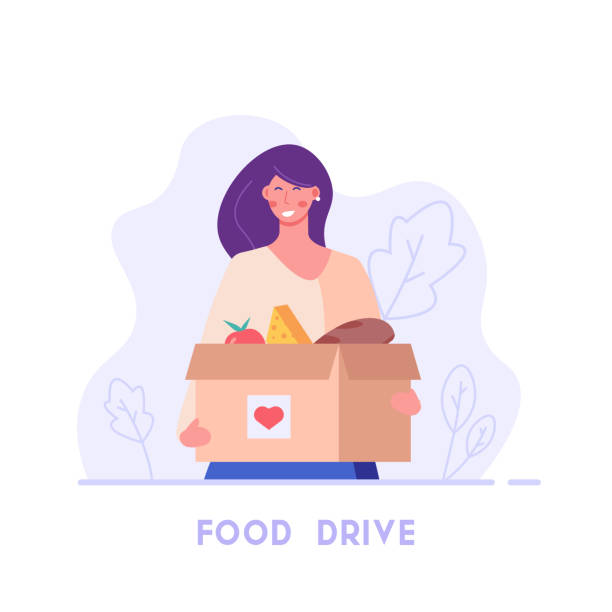 Happy woman holds food box in hands. Food drive donation. Concept of help, social care, volunteering, support for poor people. Cartoon flat vector illustration for web banner Happy woman holds food box in hands. Food drive donation. Concept of help, social care, volunteering, support for poor people. Cartoon flat vector illustration for web banner food donation stock illustrations