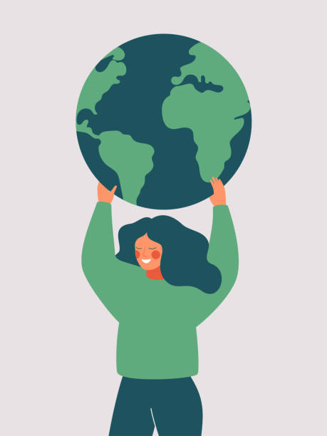 Happy woman holds the green planet Earth. Happy woman holds the green planet Earth. Vector illustration of Earth day and saving planet. Environment conservation and energy saving climate action stock illustrations