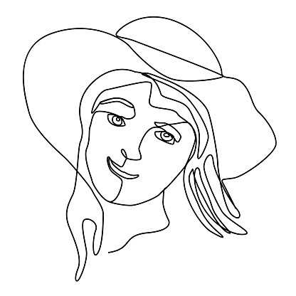 Happy Woman In Hat Laughing One Line Art Portrait Joyful Female Facial ...