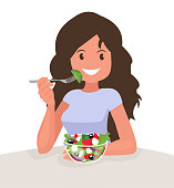 Happy woman is eating a salad. Vegetarian. The concept of proper nutrition and healthy lifestyle. Vector illustration in cartoon style