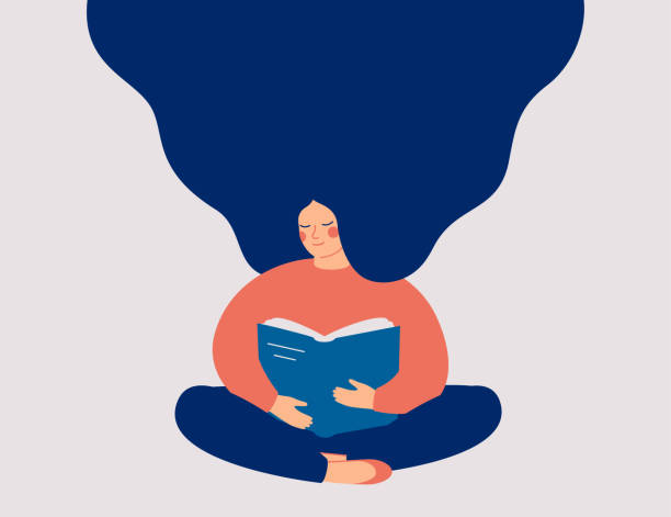 Happy woman sits and reads the book with enjoy. Book therapy session. Mental health concept. vector art illustration