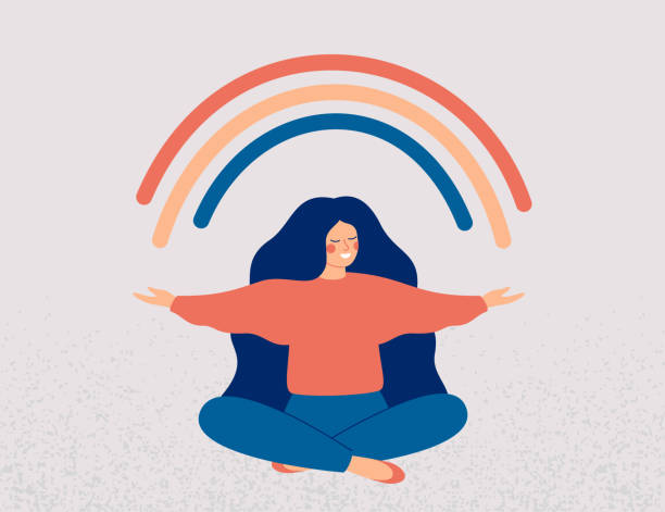 ilustrações de stock, clip art, desenhos animados e ícones de happy woman sits in lotus pose and open her arms to the rainbow. smiled girl creates good vibe around her. smiling female character enjoys her freedom and life. - woman