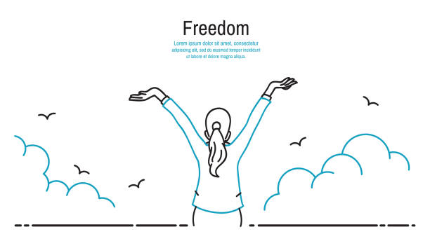 Happy woman stretching hands in the sky Happy businesswoman standing and stretching two hands towards sky, business concept in freedom, happiness, peaceful. Outline, thin line art, linear, hand drawn sketching design, simple style. free commercial use stock illustrations