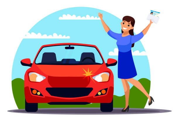 Happy woman with driver license stand near car Happy smiling young woman with plastic driver license id card stand near new shiny car. Successful examination. Girl student rejoicing have document to drive auto. Education at driving school teen driving stock illustrations