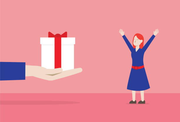 ilustrações de stock, clip art, desenhos animados e ícones de happy woman with present - woman holding a christmas gift