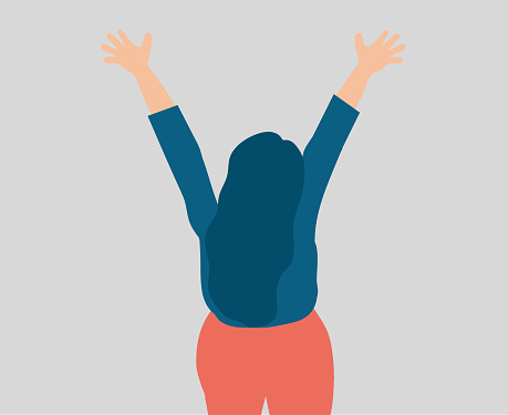Happy woman with raised hands. A joyful girl joins events with her open arms. Concept of happiness, inner peace, positive thinking, optimism and mental health wellbeing. Back view. Vector illustration