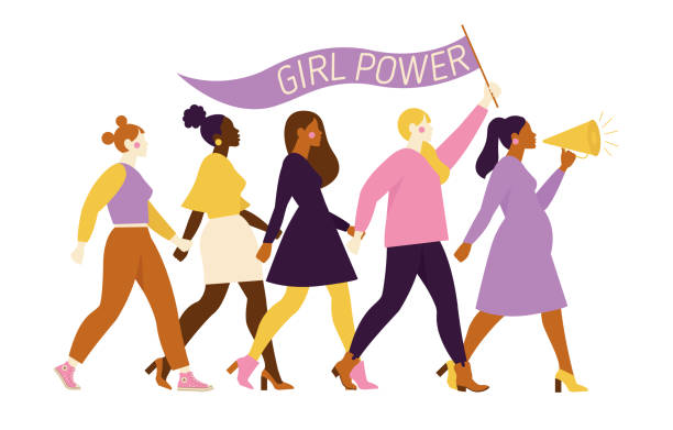 행복한 여성이나 소녀들이 함께 서서 손을 잡고 있습니다. 여성 친구의 그룹, 페미니스트의 연합, 자매애. 흰색 배경에 고립 된 평면 만화 캐릭터. 다채로운 벡터 일러스트레이션입니다. - 권위 stock illustrations